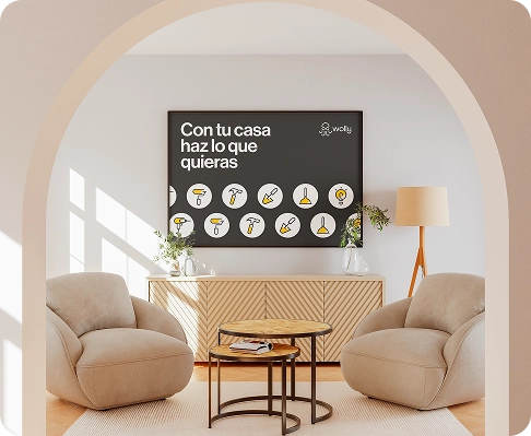 Pantalla de Wolly Home en un salón mostrando servicios para la vivienda
