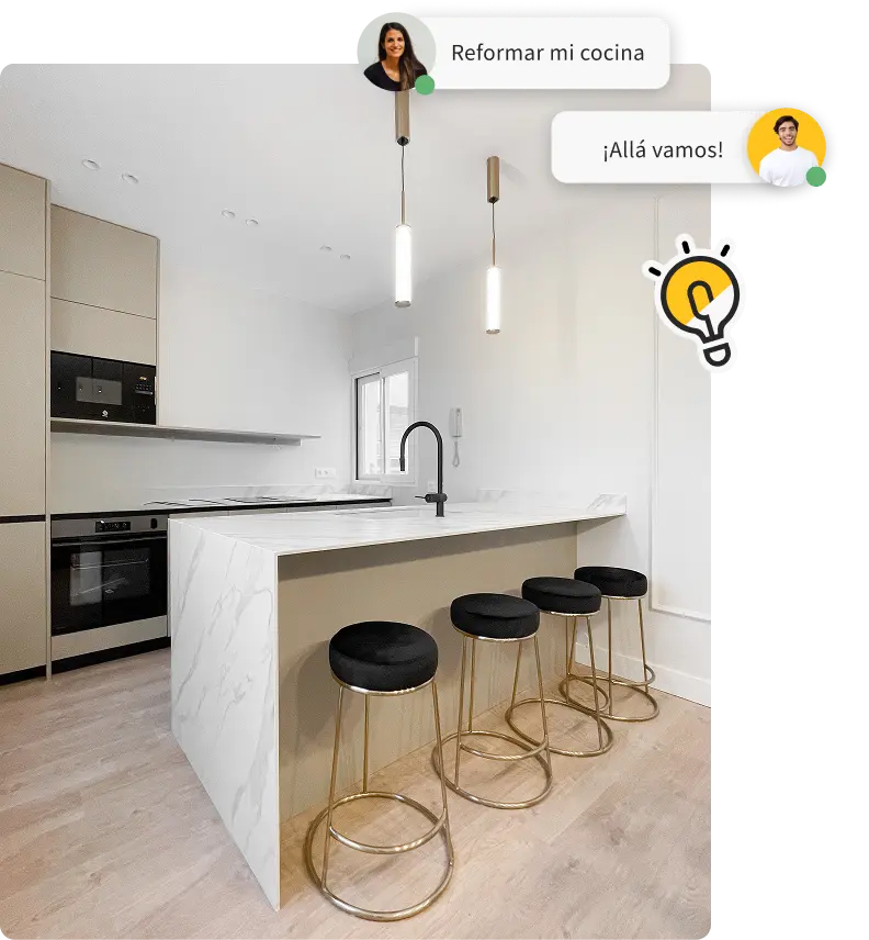 Cocina reformada por Wolly con conversación de solicitud de reforma